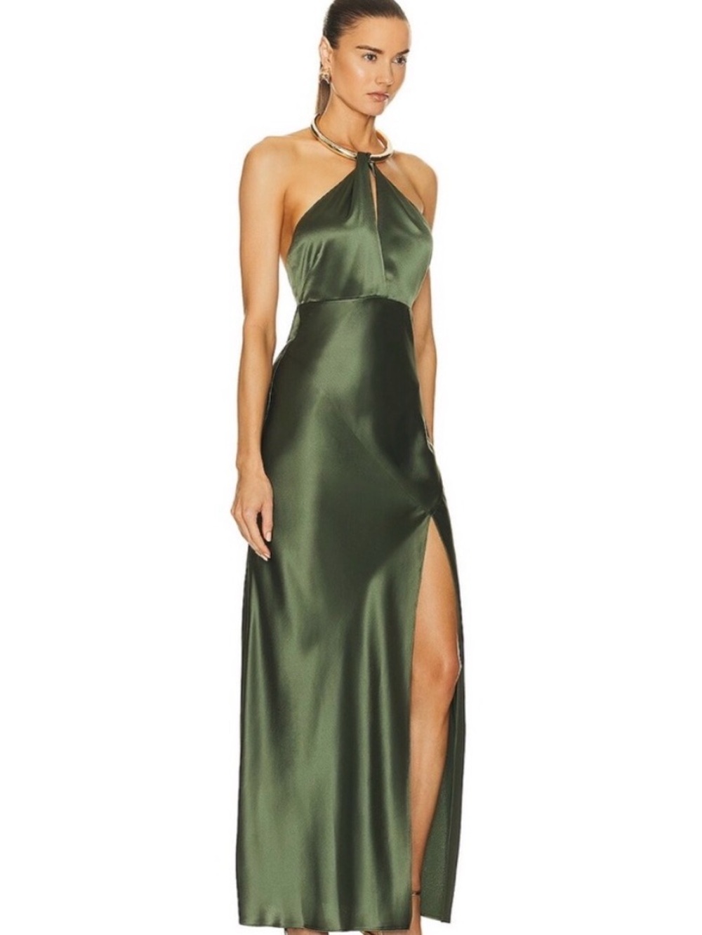 NICHOLAS X Revolve XXS Olive Green Satin Halter Maxi Dress